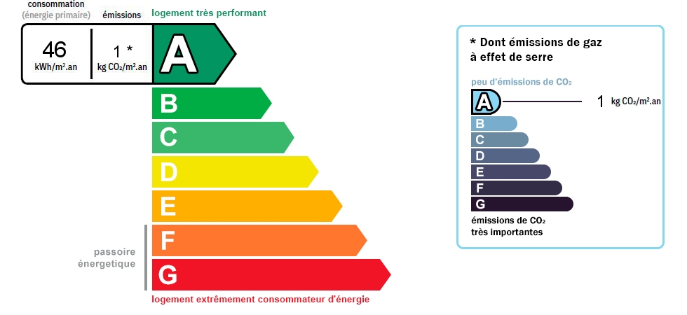 DPE : 46 et GES : 1